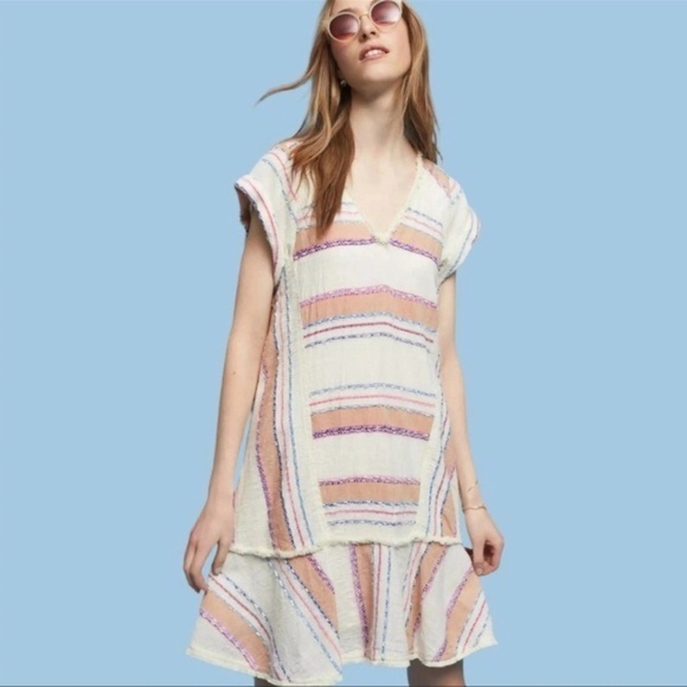 Holding Horses Anthropologie Elira Striped Fringe Boho Short Sleeve Dress Medium